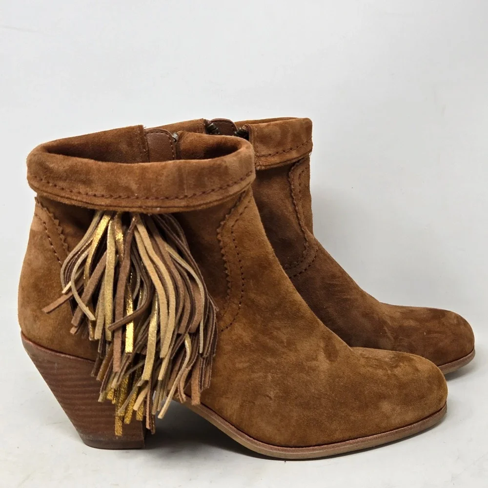 Sam Edelman Louie Cognac Brown Suede Fringe Ankle Boots Gold Metallic Accents 9